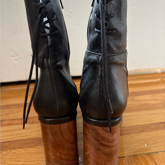 Free People Black Leather Platform Ankle Boots with Wood Heel - Picture 3 of 4